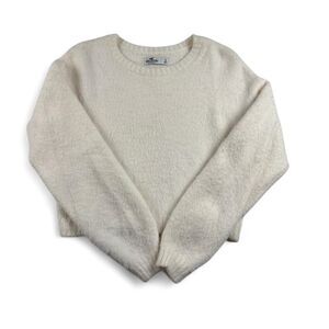 Hollister Cream Fuzzy Cropped Sweater Women’s Small Soft Cozy Knit Pullover